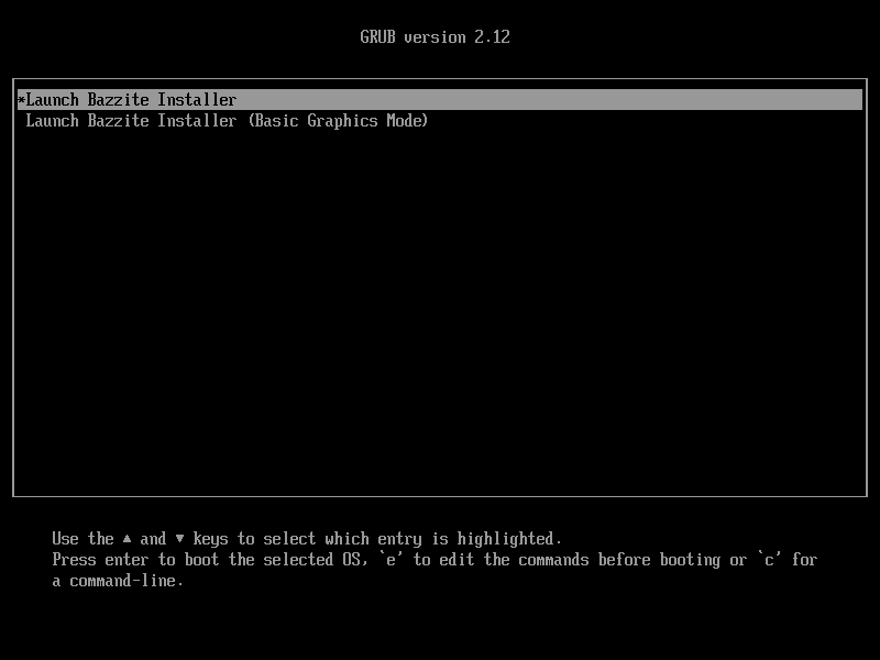 Capture d'écran du menu de démarrage GRUB de l'installateur Live de Bazzite|800x600, 70 %
