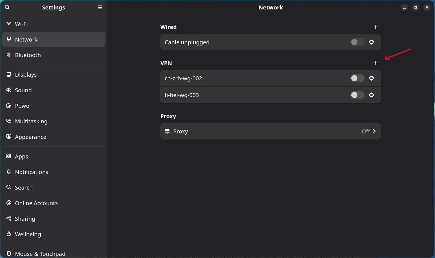 Networking Settings page in GNOME